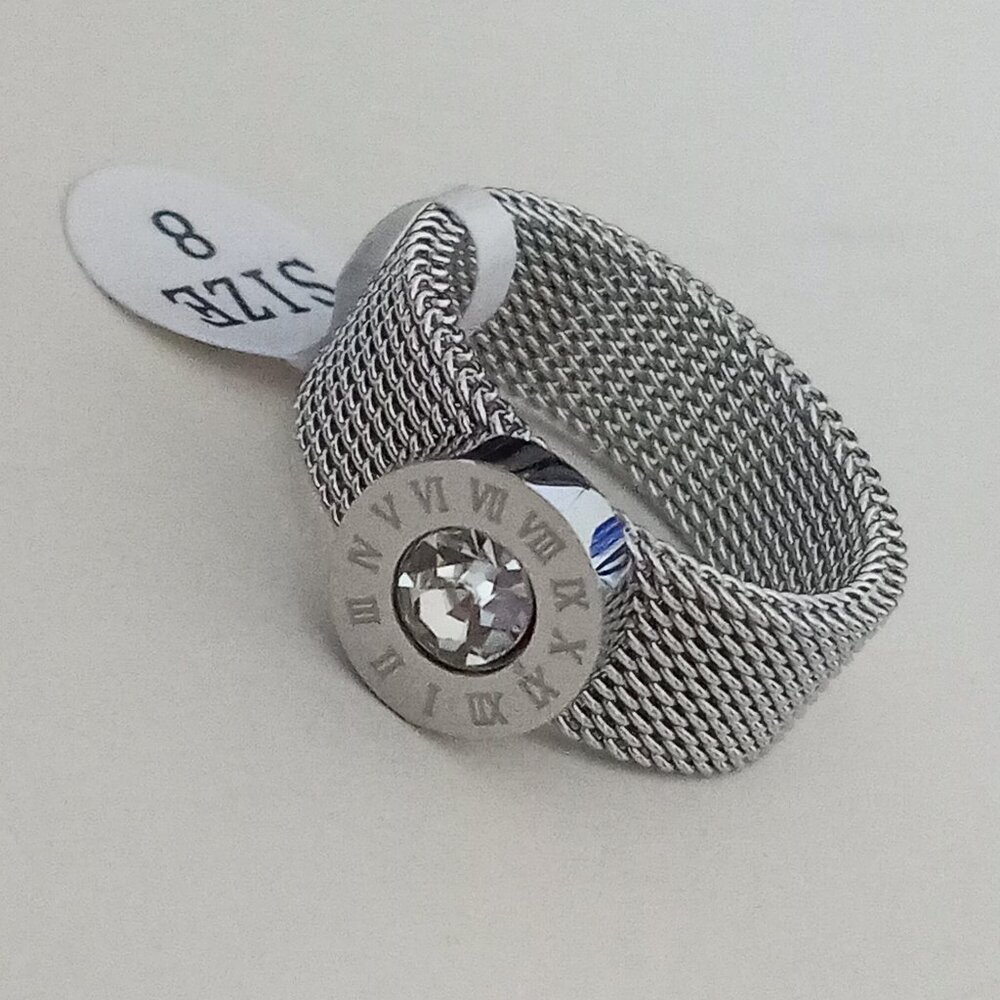 Nevaeh Silver mesh strap roman numeral stone stainless steel ring sz 8 NEW